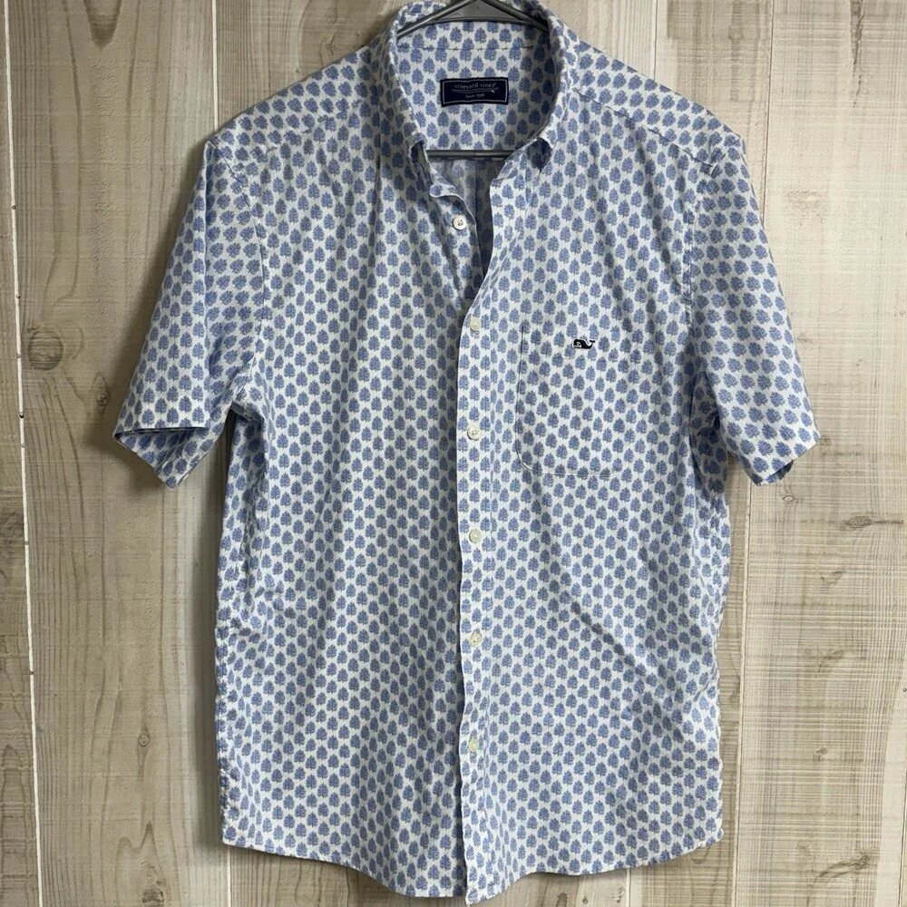 Vineyard Vines Stretch Poplin Button Down Shirt Blue White Leaf Tile Pattern L